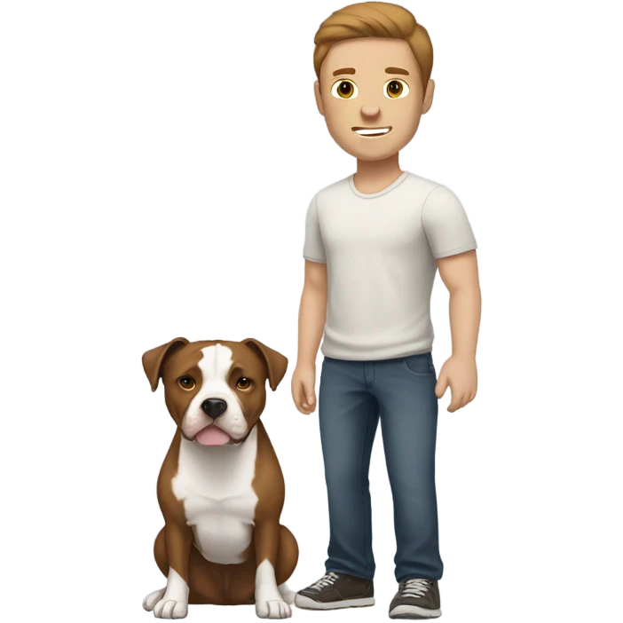 white male with brown hair standing alongside a white and brown pitbull emoji