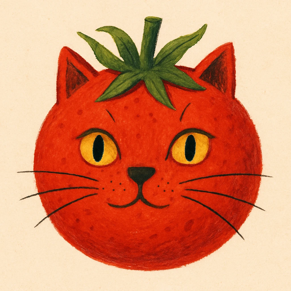creative illustration of a cat's face looking like a tomato emoji