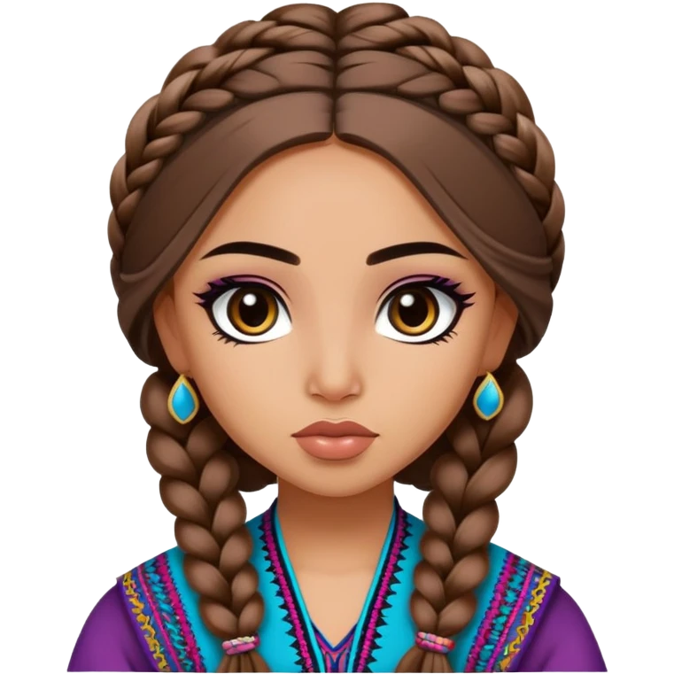 Arab nose, pretty lips, afghan clothes, medium skin,  long brown hair braid, pretty bratz baddie, black eyeliner emoji