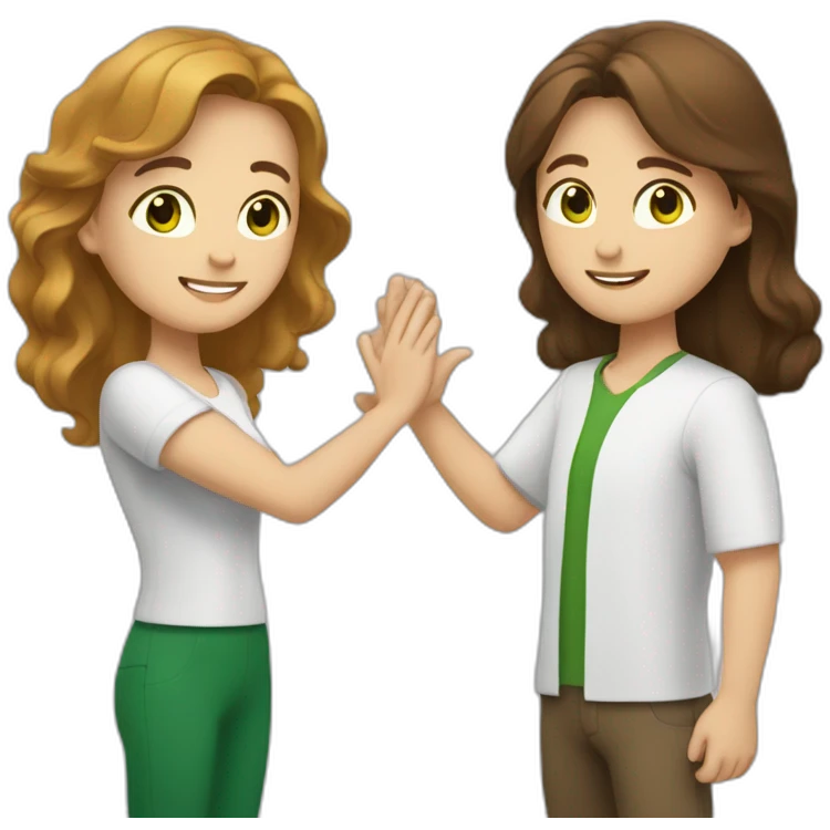 white man with brown hair and green eyes high-fiving a white woman with medium long brown hair and brown eyes emoji