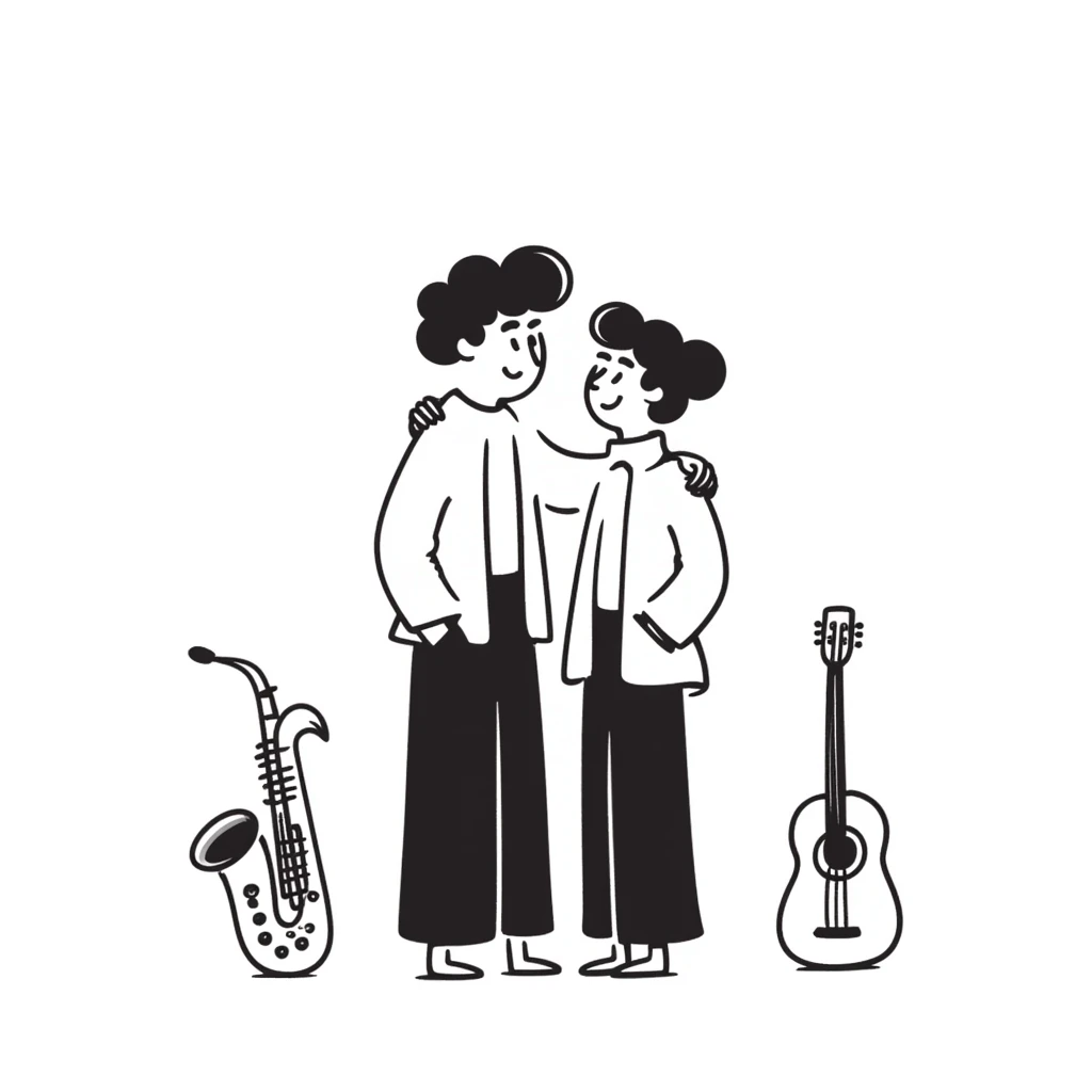 Two musicians standing side by side, both facing forward, with one's arm over the other's shoulder in a friendly side hug, both smiling, musical instruments nearby, fraternal camaraderie emoji