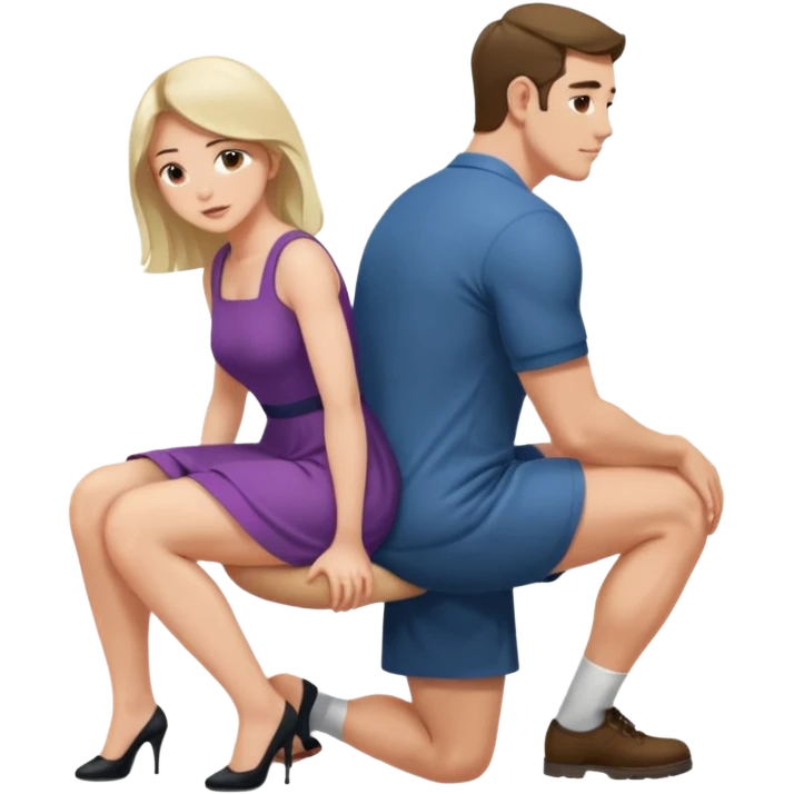 Woman squatting with her butt facing us and knees up on sitting man’s lap emoji