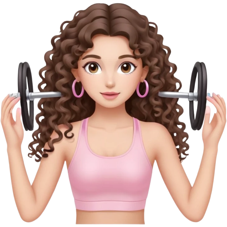 cute balayage brunette long hair curly/wavy haired girl, hoop earrings, clean girl makeup DOING pilates EXERCISE with a cute pastel pink set emoji