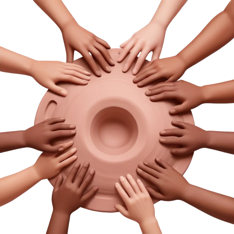multiple hands working together to form and shape a large pink clay sculpture, collaborative pottery making emoji