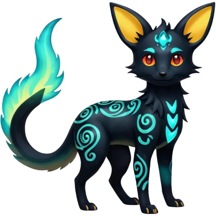 Shiny Fiery Dark Glowing Ethereal Eldritch Cool Edgy Badass Punky Aural Iridescent Fluorescent Bioluminescent Umbreon-Amaura-Salandit-Litten-Flareon-Fakémon-fusion (full body) with intricate pattern markings emoji