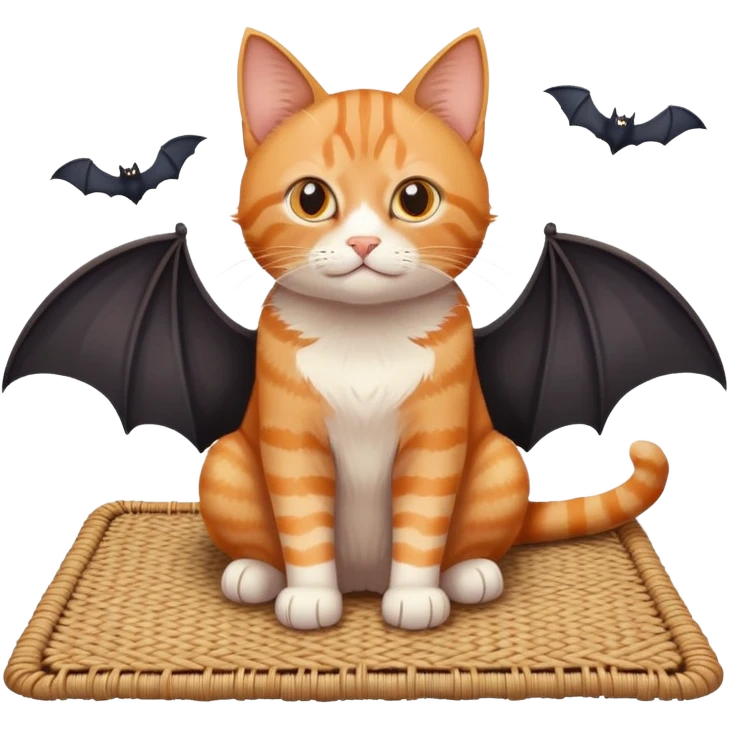 cat sitting on a mat with two bats flying nearby emoji