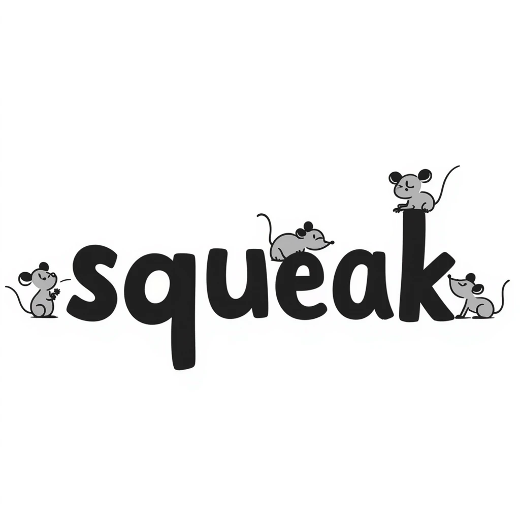 the word 'squeak' illustrated in a playful doodle style with hand drawn text emoji