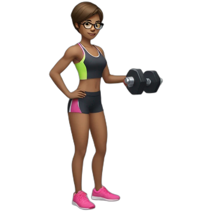 Sports Girl with short hair glasses holding dumbbell emoji