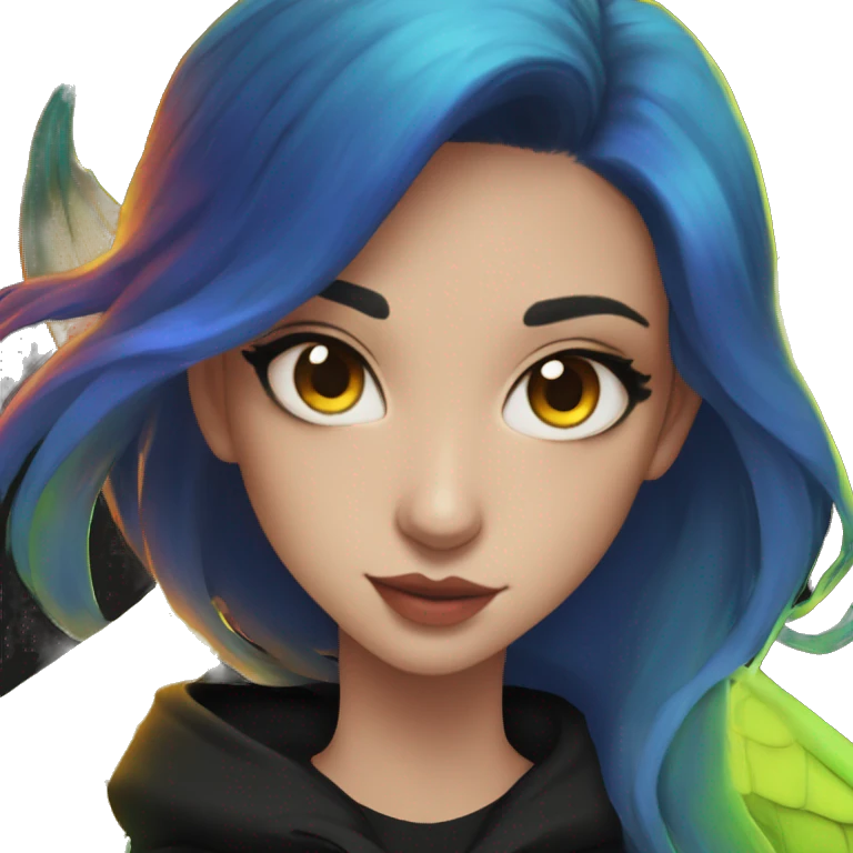 Lady with brunette and iridescent blue hair, gold, lime green dragon wings, black hoodie, bleach dyed, black and gold Nike t shirt, and bright red eyes emoji