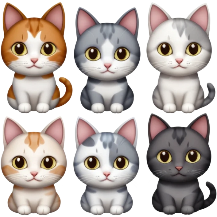 4 different coloured short haired cats including; a dark brown and white cat, and a dark grey and white  emoji