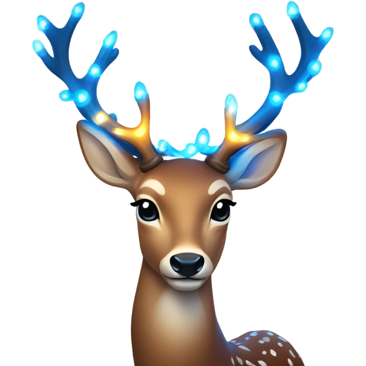 Deer with 8 antlers lit up with warm lights and a blue bow on neck emoji