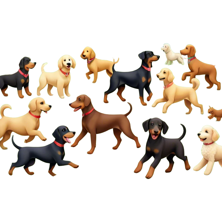 Collage of various dog breeds like Doberman, Poodle, Dachshund, and Golden Retriever, playing in a park with trees and grass. Some dogs run, others sit, all are full of energy and happiness. A joyful, colorful scene with playful expressions. Transparent background. emoji