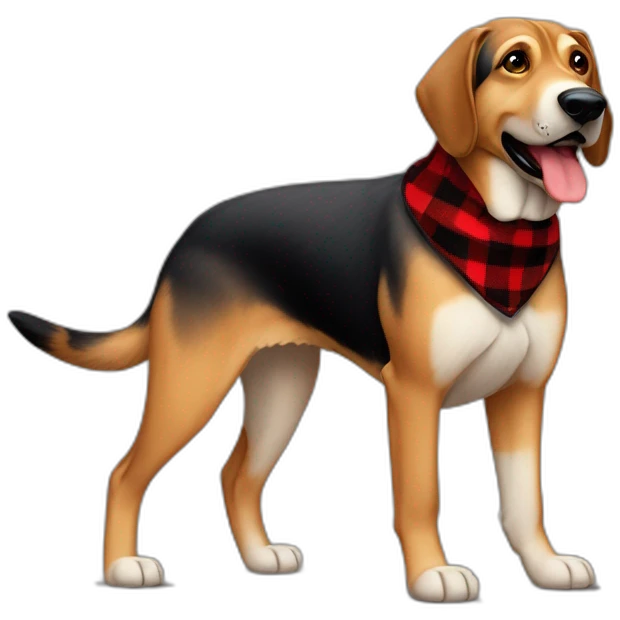 adult 75% Coonhound 25% German Shepherd mix dog with visible tail wearing small pointed red buffalo plaid bandana full body walking left quickly emoji