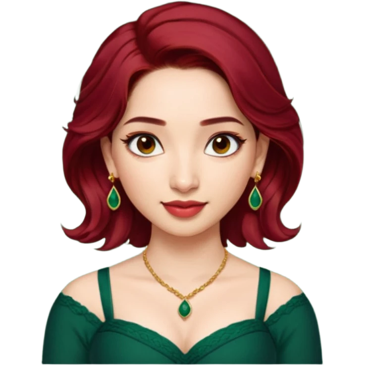 pretty bratz genmoji that looks like tamannah bhatia (bollywood actress), wearing a dark green sweetheart neckline top, dark red hair, light makeup, no necklace, dangly earrings, side hair part, dark brown eyes,  emoji