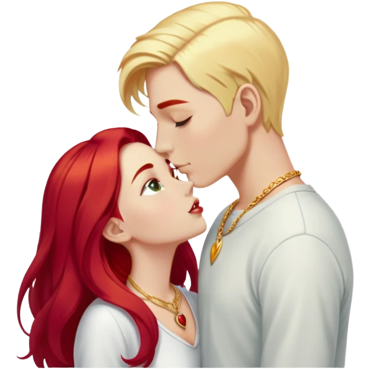 couple kissing, girl with long cherry red hair and blonde eyebrows, gold A necklace, light clothes, and boy with PURE WHITE SHORT HAIR (completely white like paper, not blonde, not gray) emoji