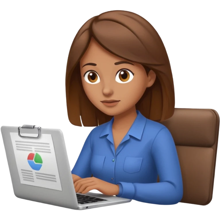 A brown hair woman scrolling, with a laptop open to a work document emoji