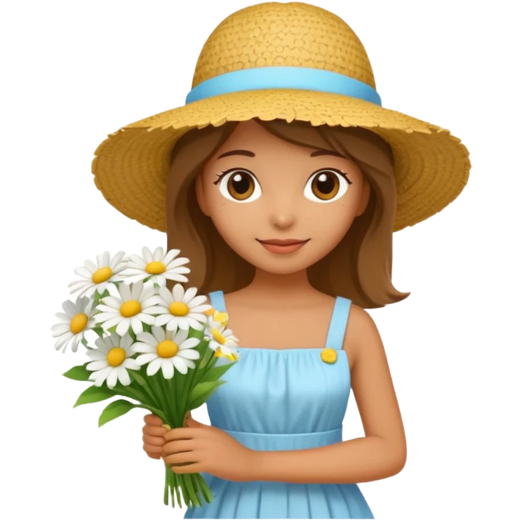 back view of a girl in a summer dress and straw hat, holding a bouquet of white daisies, bright and cheerful, 3D iOS Apple emoji style emoji