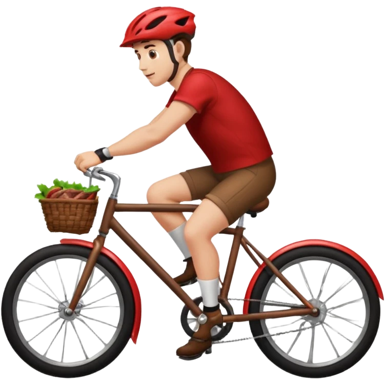 guy riding a bike but the bike is a 🥩 emoji with wheels  emoji