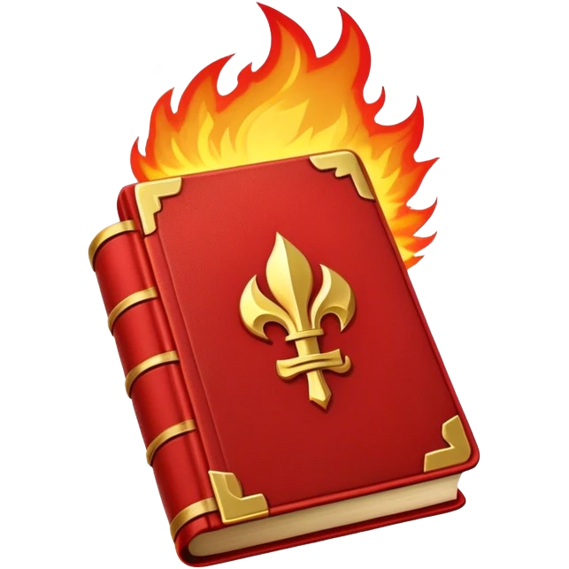 A fiery red book with golden details, a textured, leather-like cover, a flaming sword, or a lightning bolt, radiating power, resilience, and the fire of transformation-- the inner strength book emoji