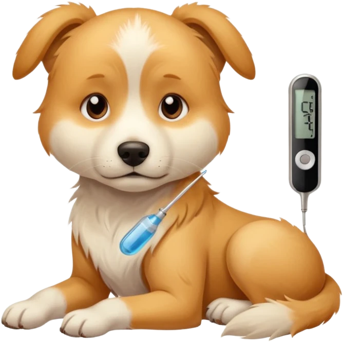 A sick dog lying down with a digital thermometer placed next to it, showing a fever.
The dog looks tired and weak, with a warm and cozy indoor atmosphere. emoji