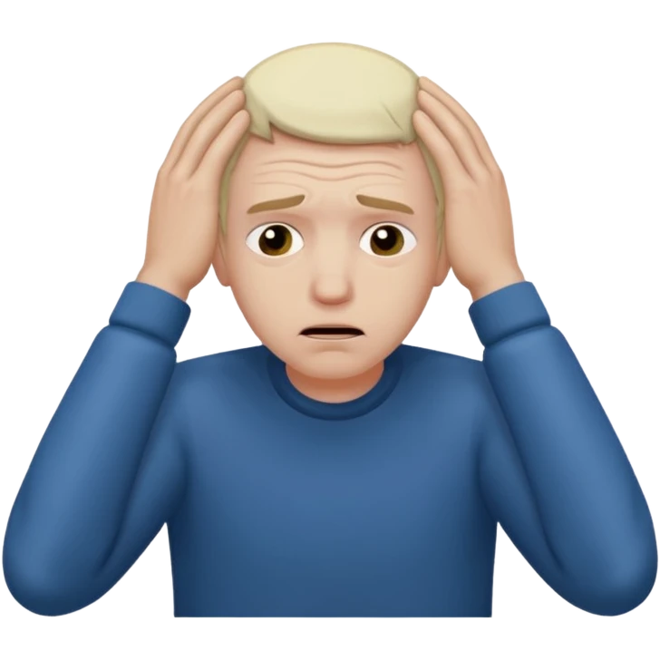 A white man sits at his desk, clutching his head in his hands. emoji