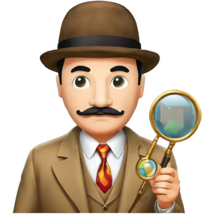 Icon for Detective Poirot: A colorful collage featuring Hercule Poirot in his iconic suit, with a mustache and a magnifying glass. Include a dark, mysterious city background and subtle clues like fingerprints or a crime scene. Retro movie poster style. Transparent background. emoji