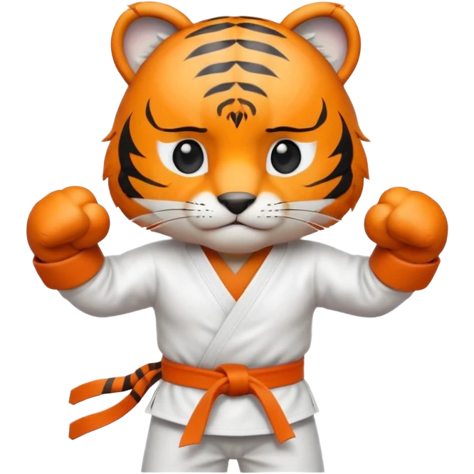 cute tiger doing karate portrait, head and shoulders only, wearing white gi uniform, black belt visible, fierce expression, 3D cartoon, mobile game icon style, clean background, no text, no watermark
 emoji