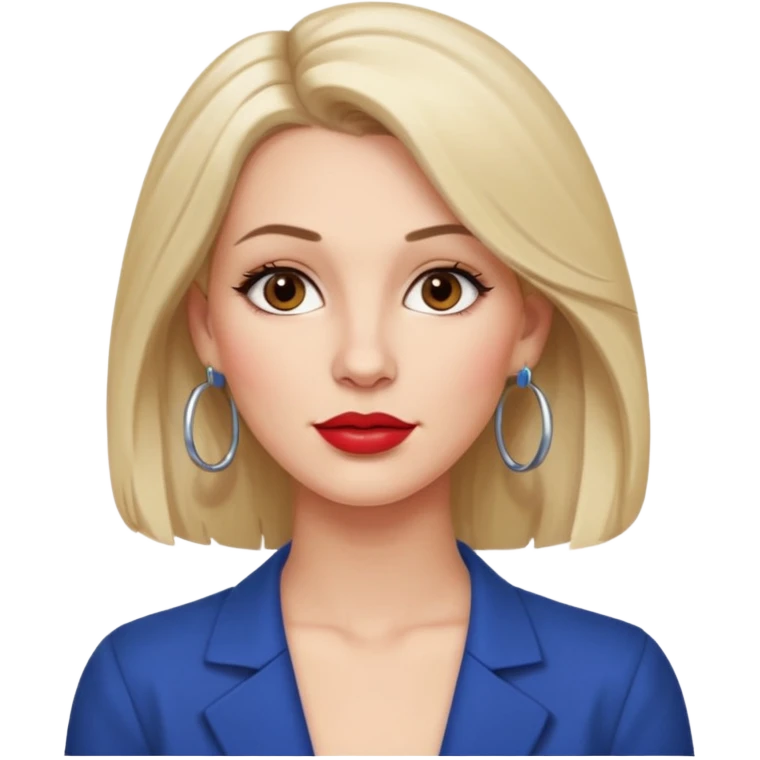 30 year old white woman, shoulder-length hair, brown eyes, left side of hair tucked behind ear, lipstick, hoop earrings, slightly tilted head, upper body portrait emoji