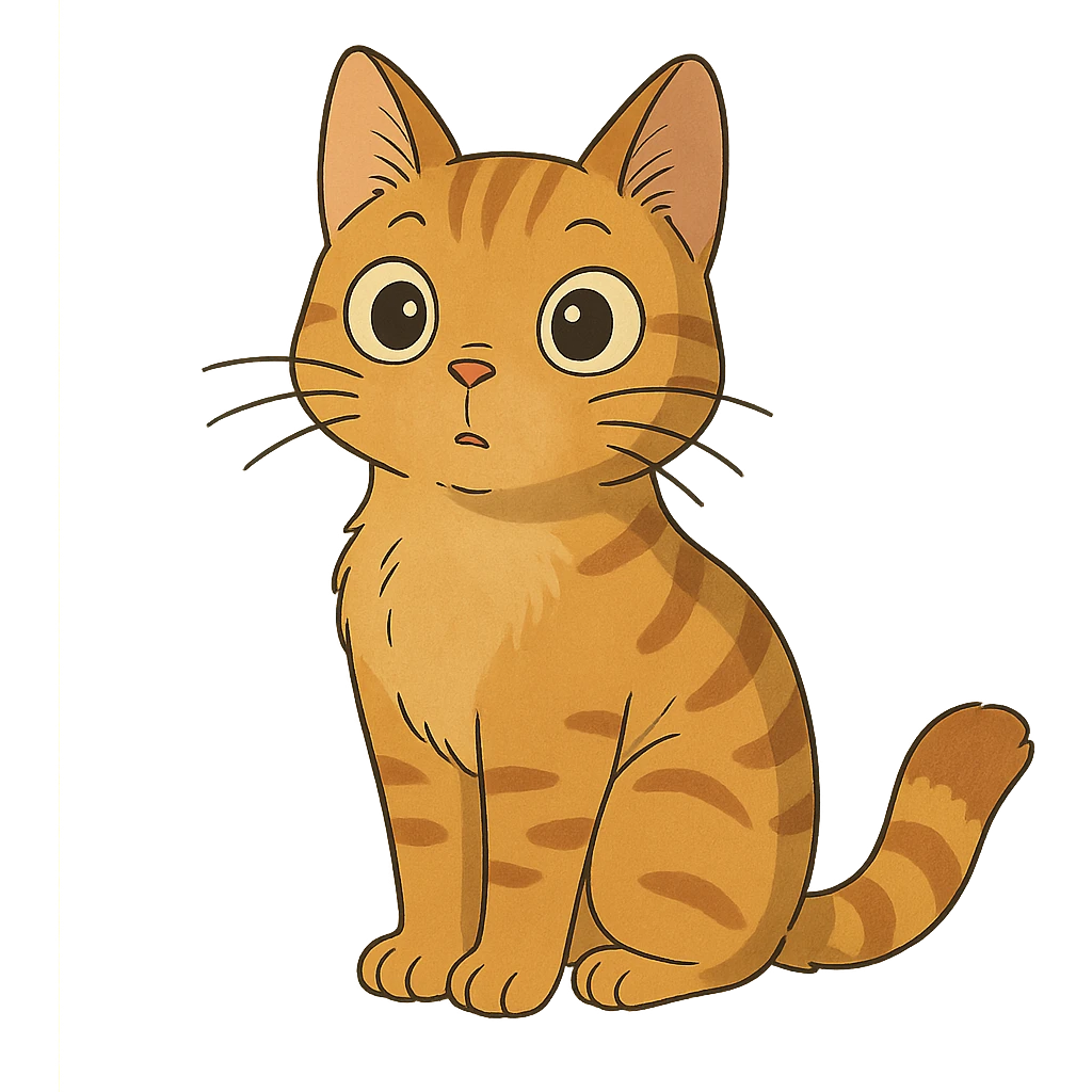a curious cat with big eyes, ghibli style, cute, expressive emoji