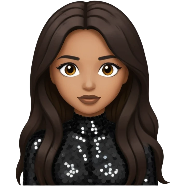 Ciara with long dark brown hair, black sequin outfit emoji
