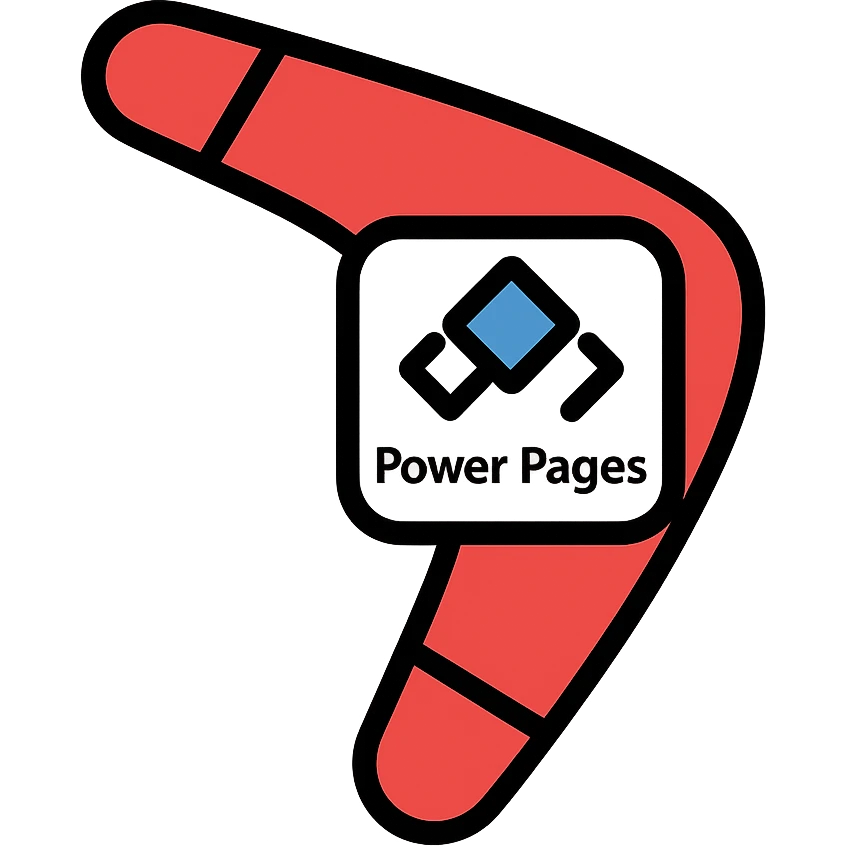 boomerang icon with Power Pages logo in the center, playful, red and white, outlined color style emoji