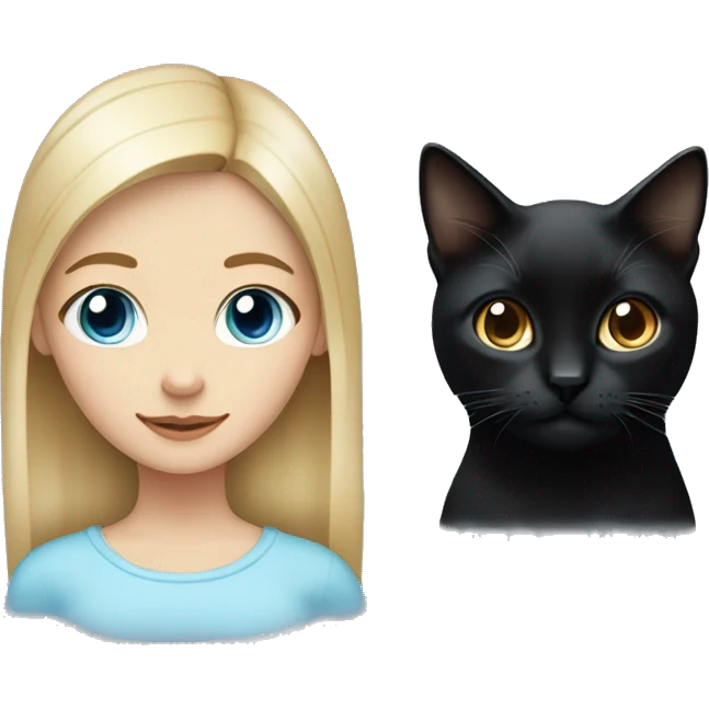 A blonde girl with heterochromia, her left eye light blue and her right eye brown with a black cat with brown eyes emoji