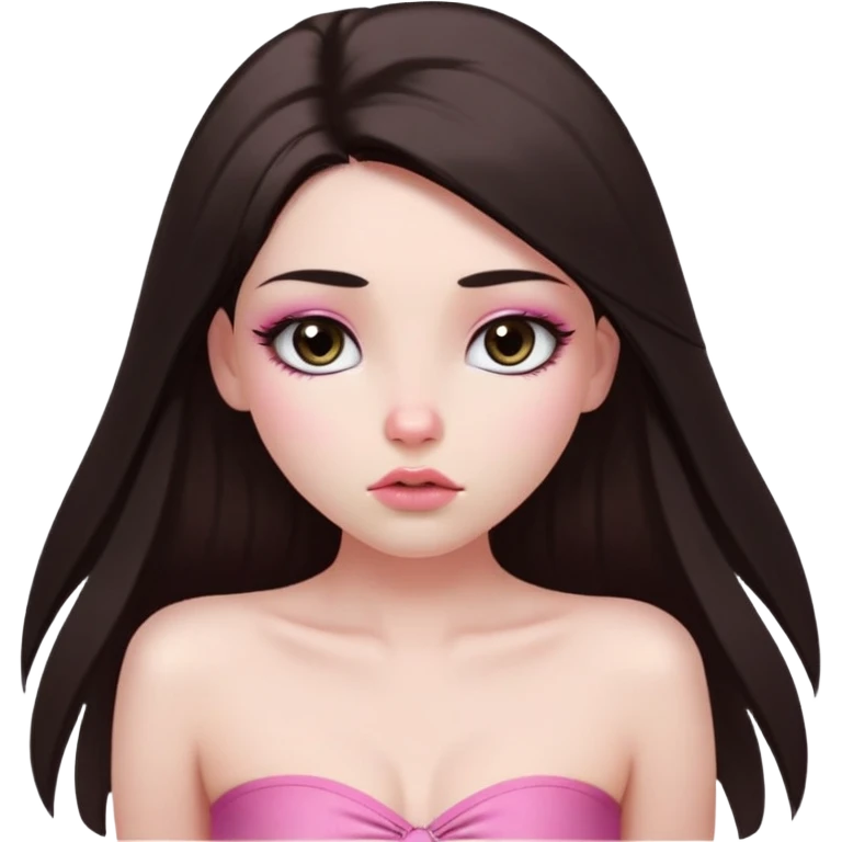 girl with white skin, dark brown long straight hair falling in front of her body, pouty shiny lips without cupid's bow, shiny large eyes with long eyelashes, lighter button nose, very long oval-shaped face, wearing a pink bandeau top with straight neckline, looking directly at camera with hands down at sides emoji