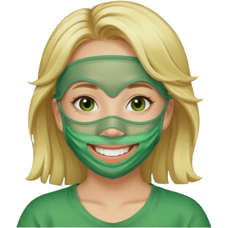 بدي بنت حاطه ماسك لونه اخضر وبدي يكون لون شعرها اشقر بليزز وممكن احطه بالكيبوردد!؟؟ 🤍🥹 emoji