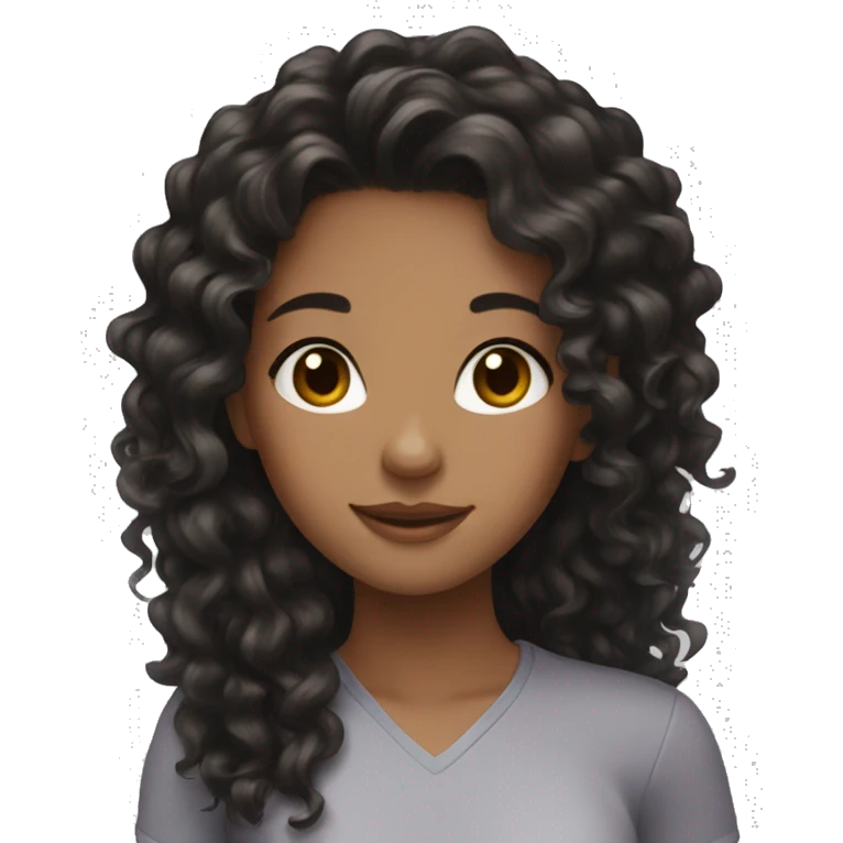 Girl brunette, black curly hair long, say hello emoji