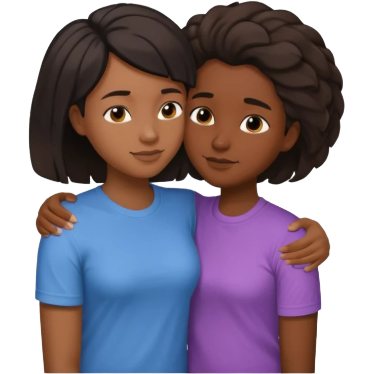 Black lesbian couple with one dark skin masculine with short hair low cute fade with a t shirt and one feminine with long hair in a blouse hugging  emoji