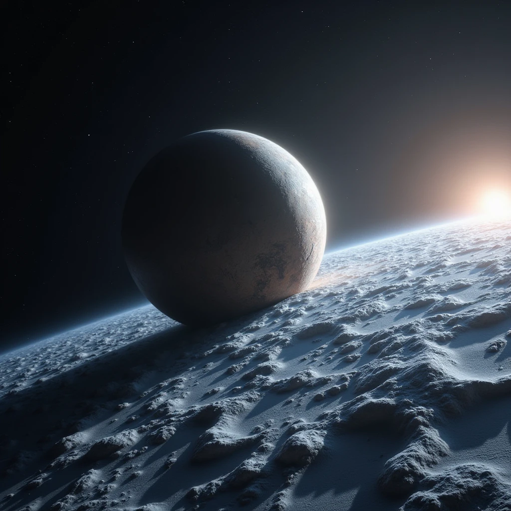 Pluto as a planet, realistic style, icy surface, distant sun, space background emoji
