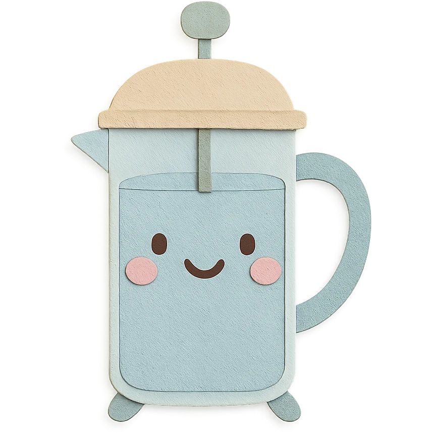 adorable French press with blushing cheeks, soft pastel tones, full body, hand-drawn paper craft style emoji
