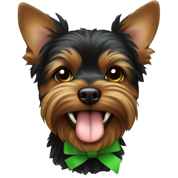 black and brown yorkshire with the tongue and green ribbon at the head emoji