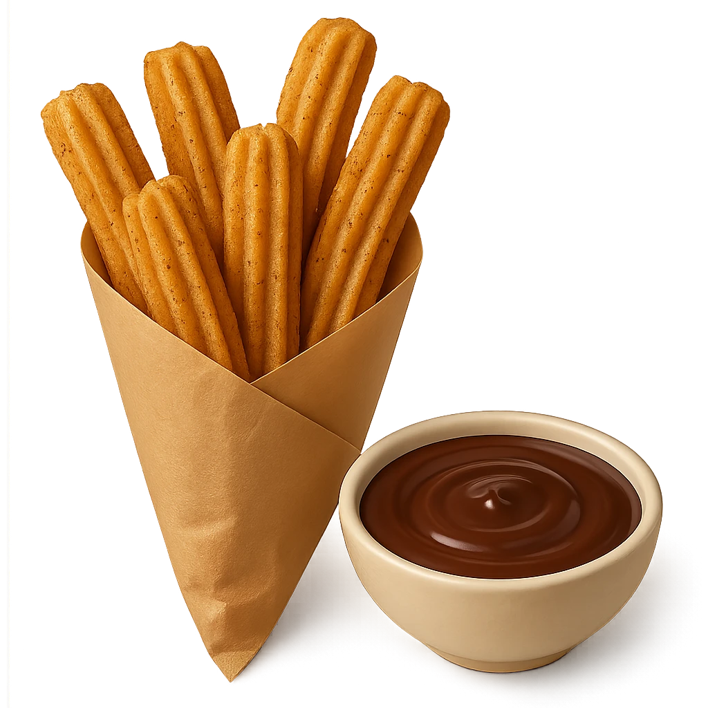 Remove the chocolate drizzle from the pile of churros in a paper cone. Show the pile of churros in a paper cone with a bowl of chocolate dipping sauce. Keep the background transparent. emoji