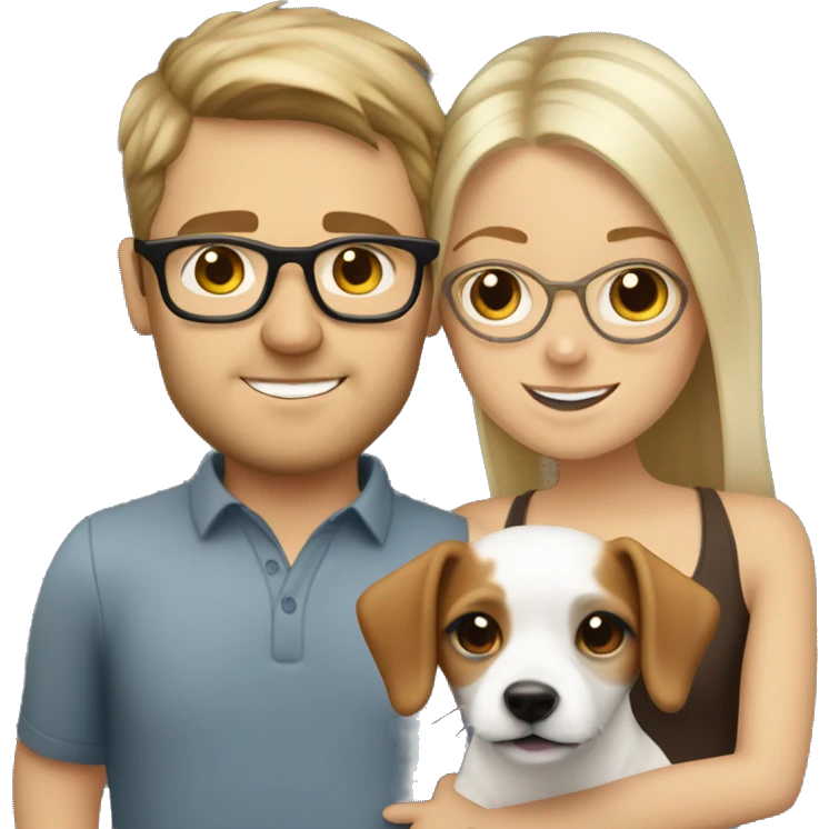 White blonde girl and a white men with brown hair glasses, both cuddling a jack Russell emoji