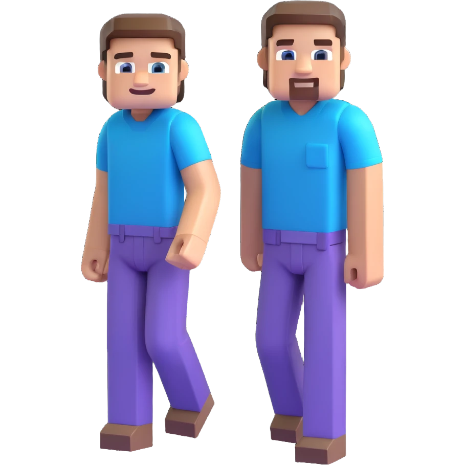 Minecraft Steve, blocky character with blue shirt and purple pants, smiling face, playful pose, 3D emoji style emoji