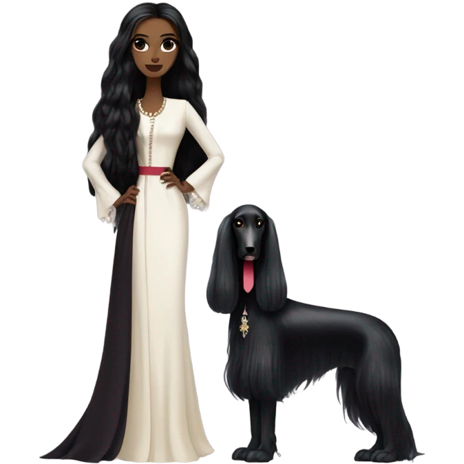 Women vampire black hair full body with Afghan Hound, Schiaparelli emoji