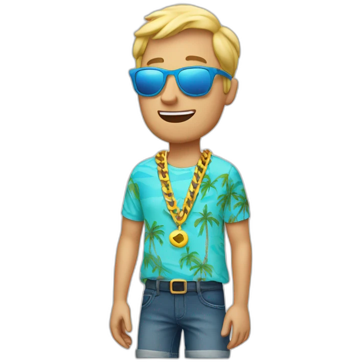 blonde white man on vacation with big golden chains and colorful shirt and sunglasses emoji