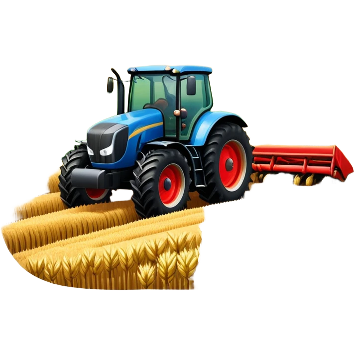 An icon representing a farming simulator, with a detailed tractor plowing fields under a bright sky with rural landscape. The design includes farming tools, crops and barns, symbolizing the immersive experience of managing a farm. Transparent background. emoji