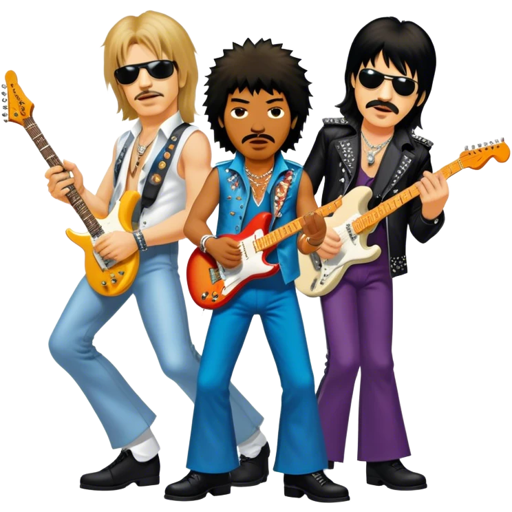 Icon for Rock Music: collage of iconic rock musicians—Klaus Meine, Jimi Hendrix, Kurt Cobain, Freddie Mercury, and Ozzy Osbourne—playing electric guitars and singing on stage. Capturing the powerful energy and rebellious spirit of rock. Transparent background. emoji