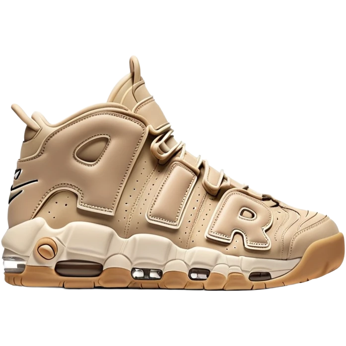 Minimalist pair of beige Nike Air More Uptempo sneakers side by side, clean simple design with AIR lettering on sides emoji