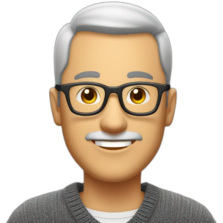 Middle age man with buzz cut salt and pepper hair, thick frame glasses, with broad smile, wearing a v-neck sweater emoji
