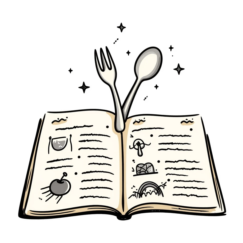 Whimsical enchanted cookbook with magical fork and spoon emblem that's animated with sparkling fairy dust, magical recipe collection emoji