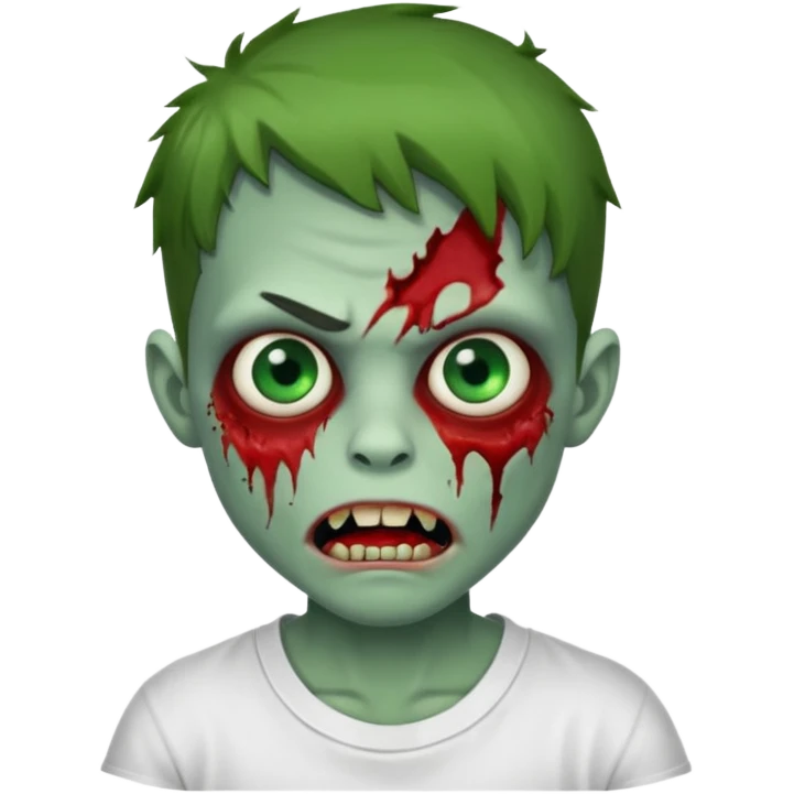 Faça um menino zumbi com a boca meio torta com machucado fo lado da boca camisa branca emoji